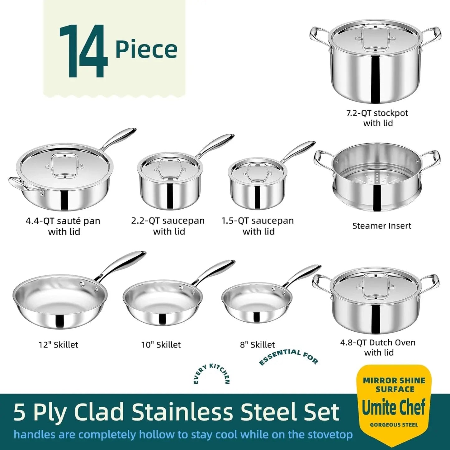Stainless Steel Cookware Set, 5 Ply 14 Piece Stainless Steel Pot and Pan Set-Induction Ohberri