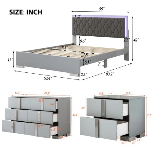 4-Pieces Bedroom Sets Queen Size Upholstered Bed with LED Lights, Mirrored Nightstands and Dresser with Metal Handles and Legs - Ohberri