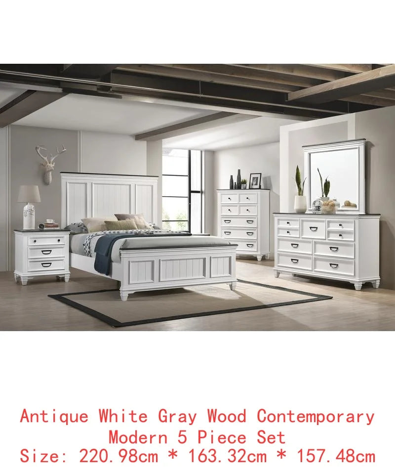 5-Piece Wood Bedroom Set with Shiplap Panel Queen Bed, Dresser, Mirror, Nightstand, and Chest - Ohberri