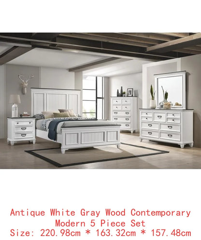 5-Piece Wood Bedroom Set with Shiplap Panel Queen Bed, Dresser, Mirror, Nightstand, and Chest - Ohberri