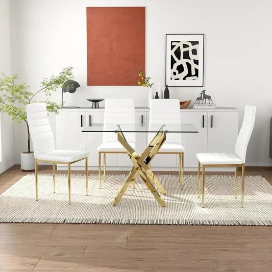 5 Piece Dining Table Table Set, Tempered Glass Dining Tables Set for 4 Kitchen Tables Set with 4 Upholstered Chairs - Ohberri