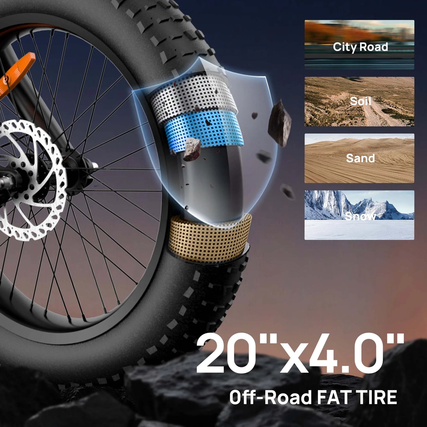 1500W Peak Electric Mountain Bike 48V 15.6Ah 28MPH 100 Mile Range 20X4" Fat Tire - Ohberri