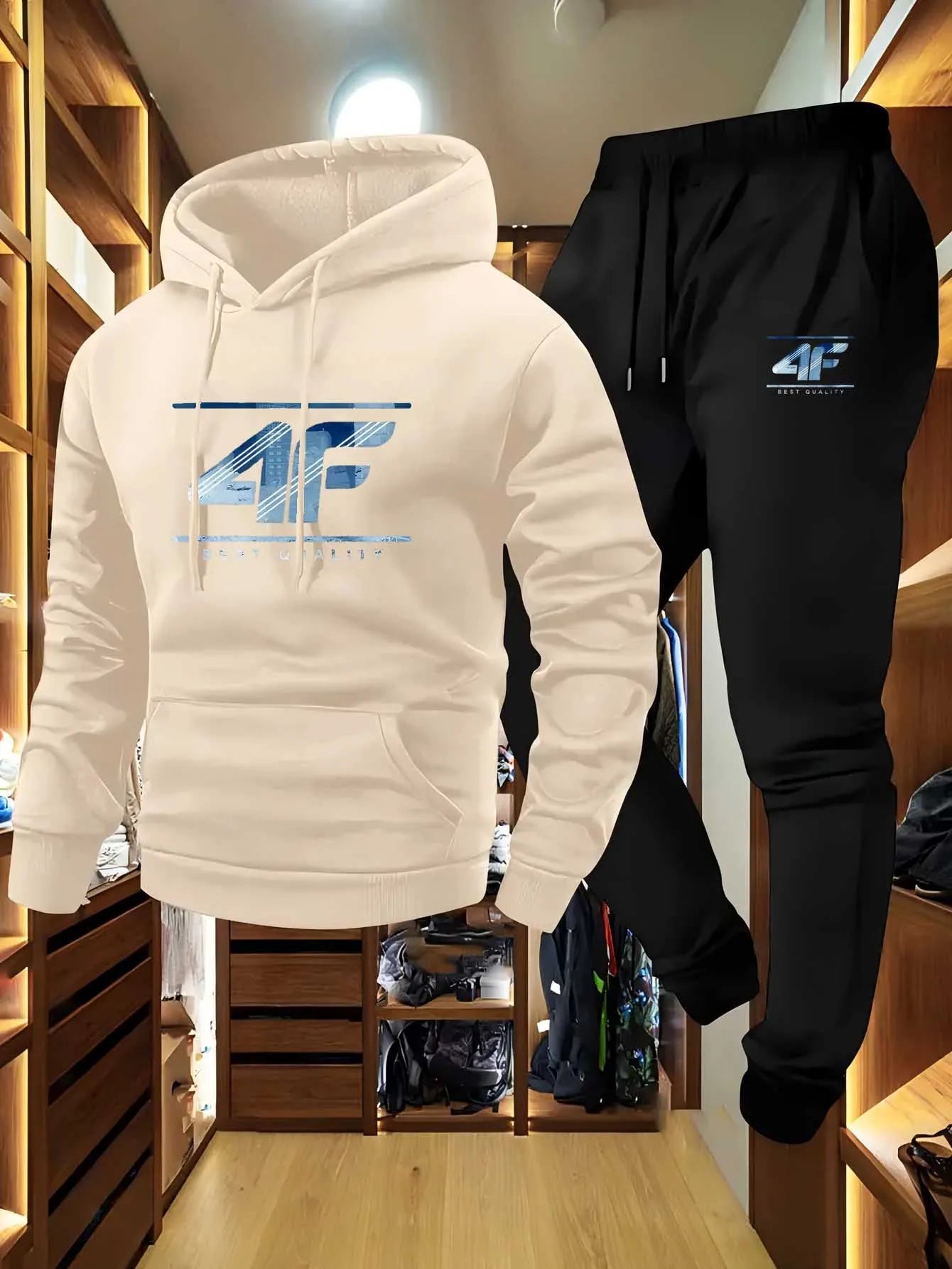 Men's Hoodie & Jogger Set with '4F' Print - Casual Sportswear, Beige & Black Matching Tracksuit Ohberri