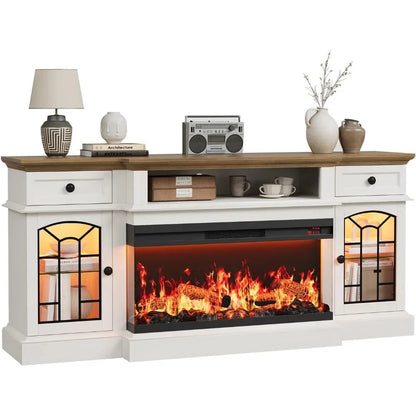 70" Farmhouse Fireplace TV Stand for TVs up to 80" with 36" 3-Side Glass Electric Fireplace Ohberri