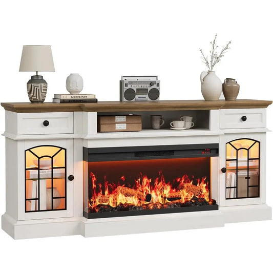 70" Farmhouse Fireplace TV Stand for TVs up to 80" with 36" 3-Side Glass Electric Fireplace Ohberri