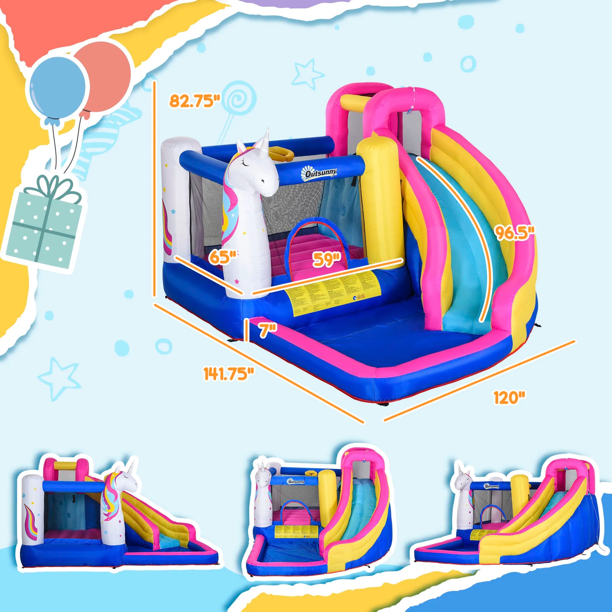 Unicorn 5-in-1 Large Inflatable Bounce House, Inflatable Water Slide for Kids - Ohberri