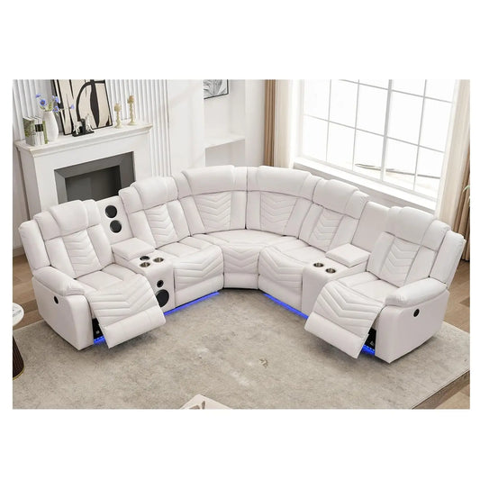 Electric Power Recliner Sectional Sofa With Bass Speakers & LED Lights – Faux Leather L-Shaped Sectional - Ohberri