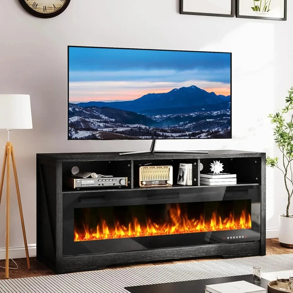 65''Fireplace TV Stand with 60" Fireplace with Open Storage Shelve Ohberri