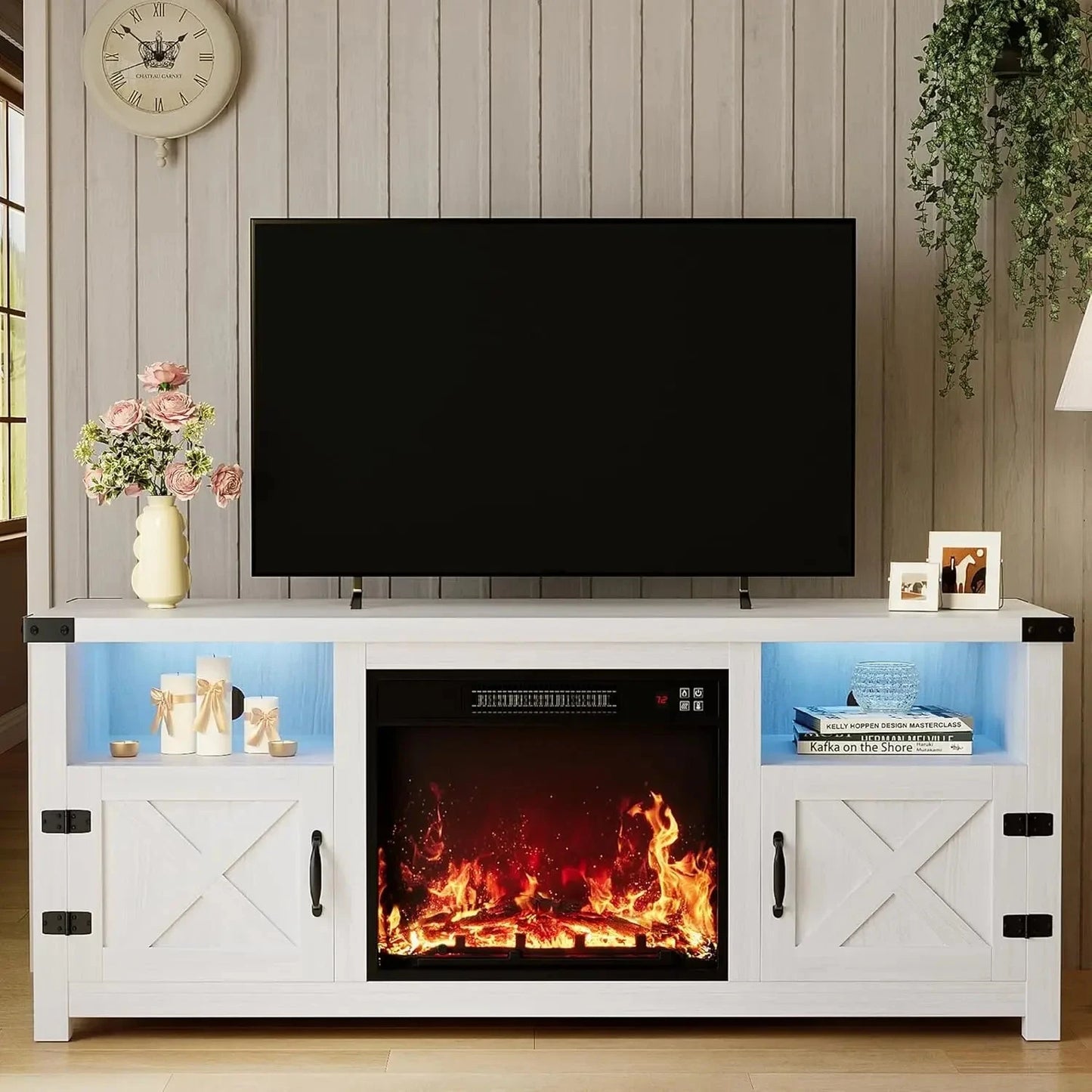 65 Inch LED Fireplace TV Stand with Mood Lighting, Cabinet with Open Shelf & Hidden Cable Routing Ohberri