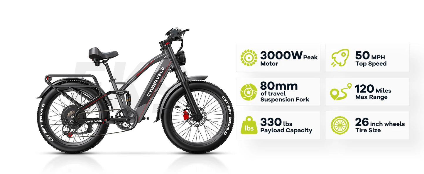 High speed electric ebike for adults, 52V ebike,40AH battery ,full suspension bicycle,hydraulic ebike,fat tyre 26inch 3000W - Ohberri
