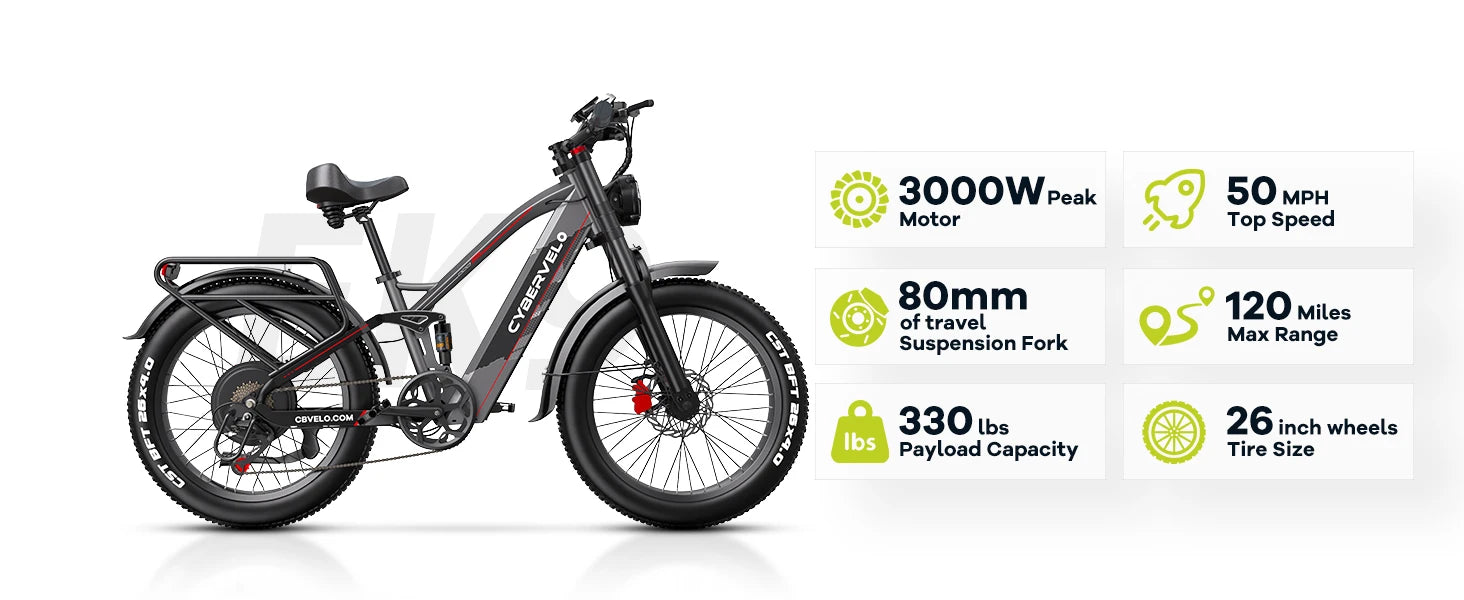 High speed electric ebike for adults, 52V ebike,40AH battery ,full suspension bicycle,hydraulic ebike,fat tyre 26inch 3000W - Ohberri