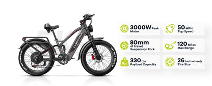 High speed electric ebike for adults, 52V ebike,40AH battery ,full suspension bicycle,hydraulic ebike,fat tyre 26inch 3000W - Ohberri
