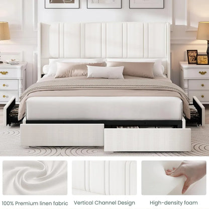 King Size Bed Frame with 4 Storage Drawers and Wingback Headboard Linen Upholstered Platform Bed Frame with Wooden Slats - Ohberri