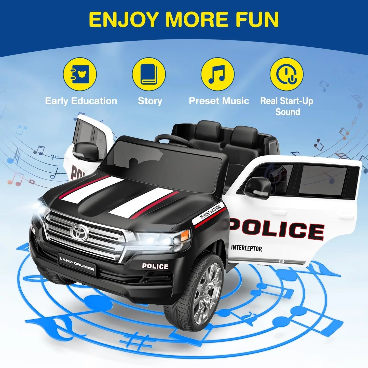 Toyota 12V Police Car 2-Seater Ride On w/Remote, 4WD, Siren, LED, Bluetooth Ohberri