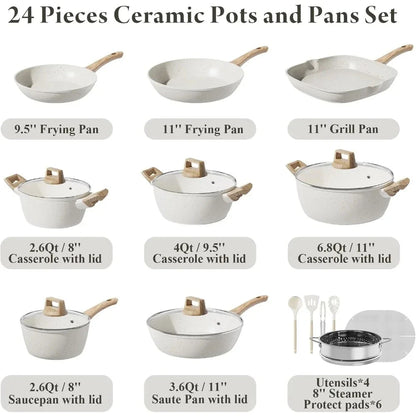 24 Pcs Pots and Pans Set, Non Stick Ceramic Cookware Set with 3 Stockpots, Healthy Non-Toxic, Large Capacity Ohberri