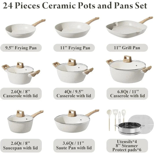 24 Pcs Pots and Pans Set, Non Stick Ceramic Cookware Set with 3 Stockpots, Healthy Non-Toxic, Large Capacity Ohberri