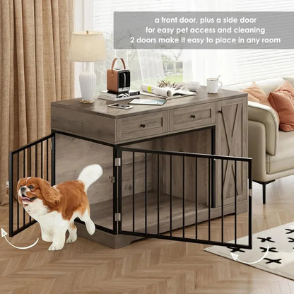 Wooden Dog Crate Furniture, Double Door Pet Kennel with 2 Drawers & Storage Cabinet Ohberri