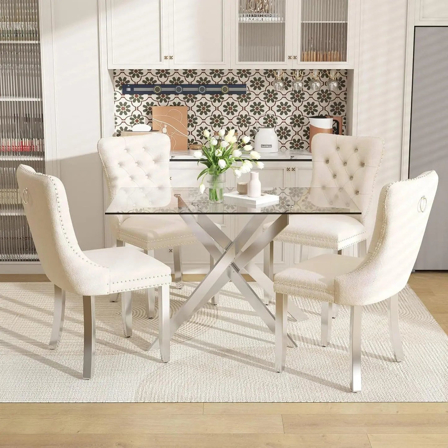 51 Inch Glass Dining Table with 4 Upholstered Velvet Accent Chairs, 5 Piece Modern Ohberri
