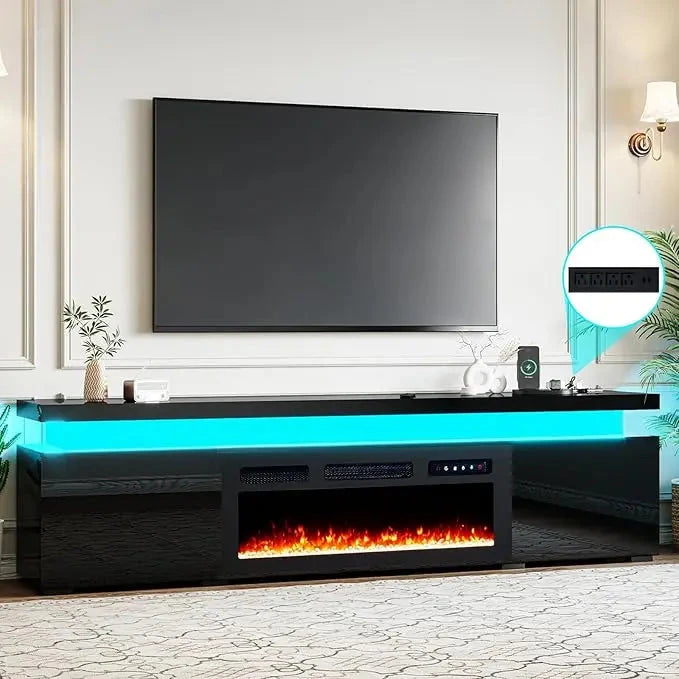 85’’ Fireplace TV Stand for 90 Inch TVs, Modern with LED Lights, High Gloss with 40’’ Electric Ohberri