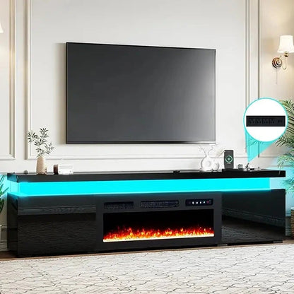 85’’ Fireplace TV Stand for 90 Inch TVs, Modern with LED Lights, High Gloss with 40’’ Electric Ohberri