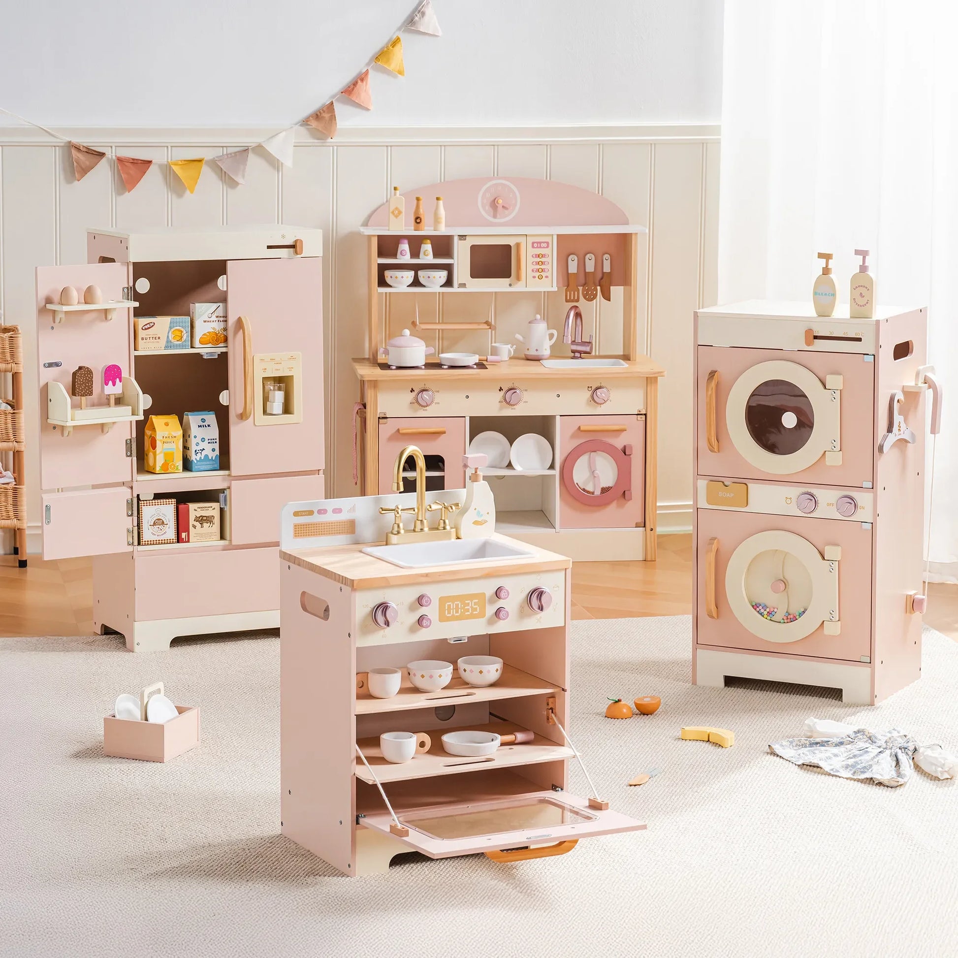 Kitchen Play set with Realistic Sound Pretend Play Gift for Boys Girls Pink - Ohberri