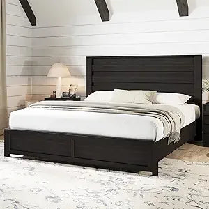 Farmhouse King Size Bed Frame with 49" Fluted Headboard, Wood Platform Bed - Ohberri