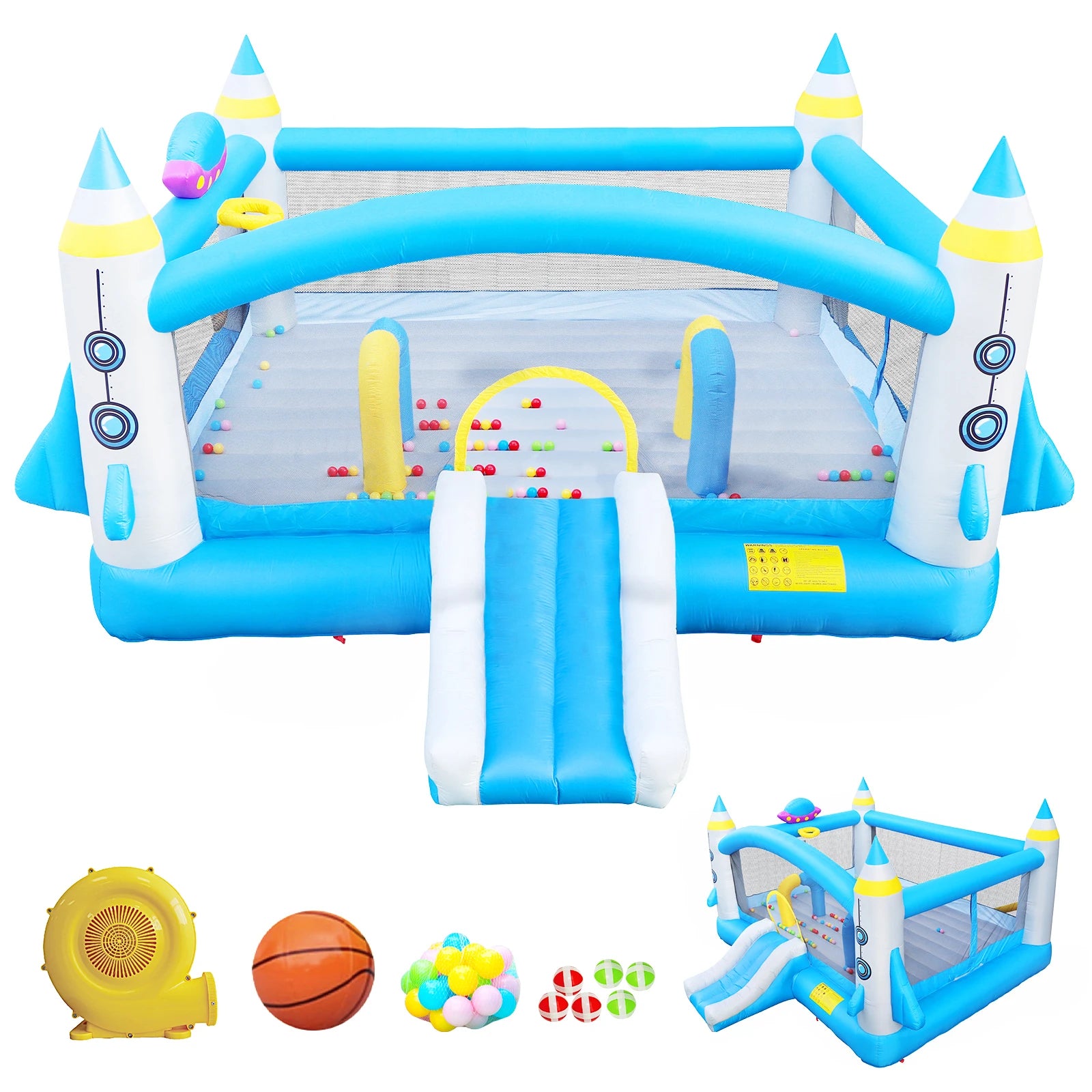 Bounce House With Long Slide Bouncing Area Basketball Hoop - Ohberri