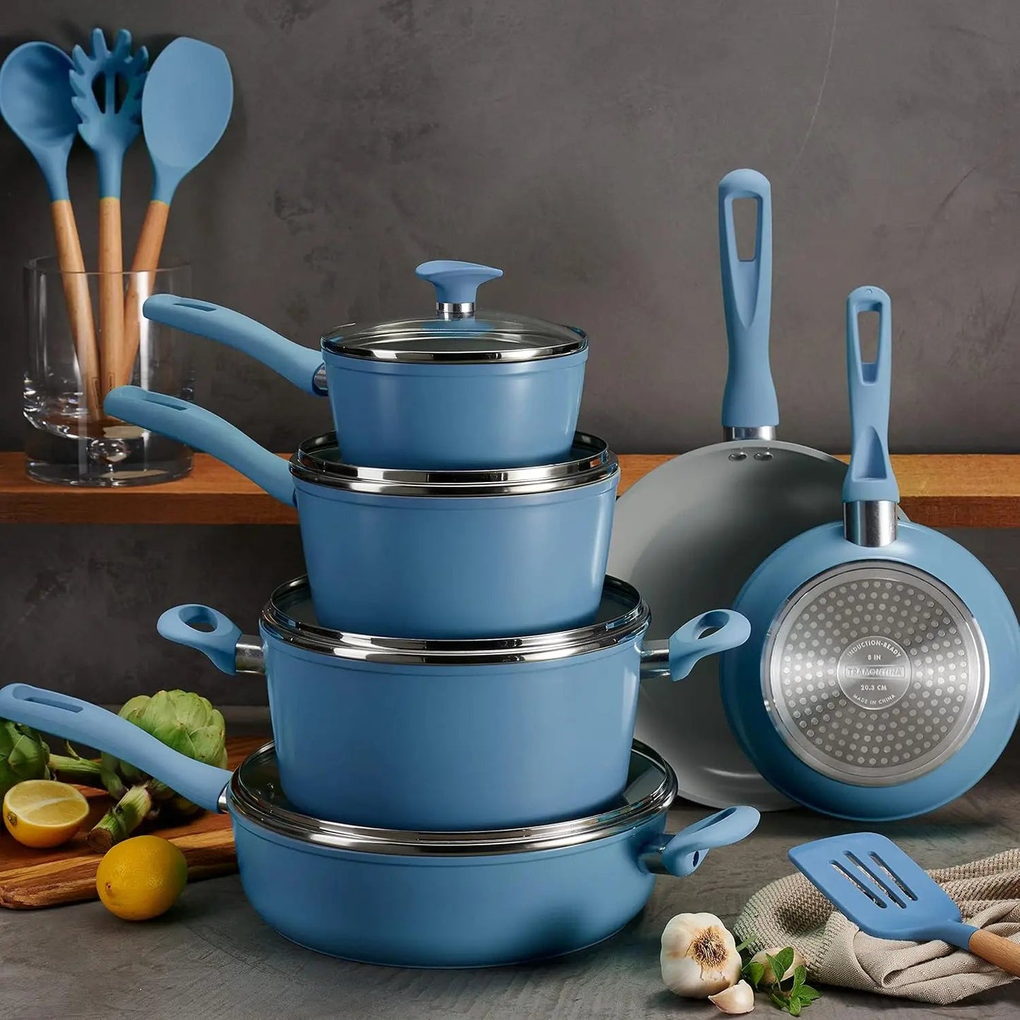 14-Piece Ceramic Nonstick Cookware Set, Oven & Dishwasher Safe, Blue Ohberri