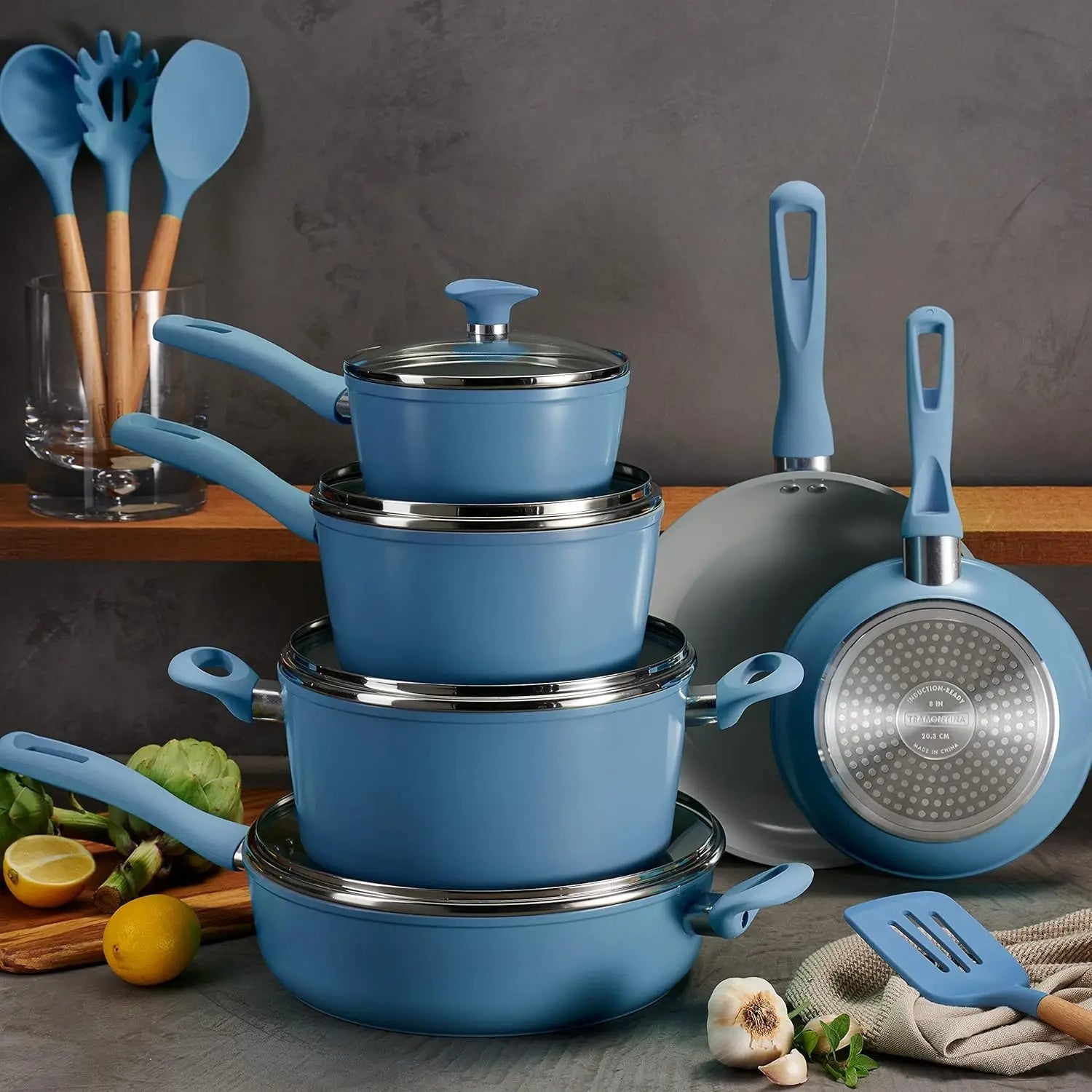 14-Piece Ceramic Nonstick Cookware Set, Oven & Dishwasher Safe, Blue Ohberri