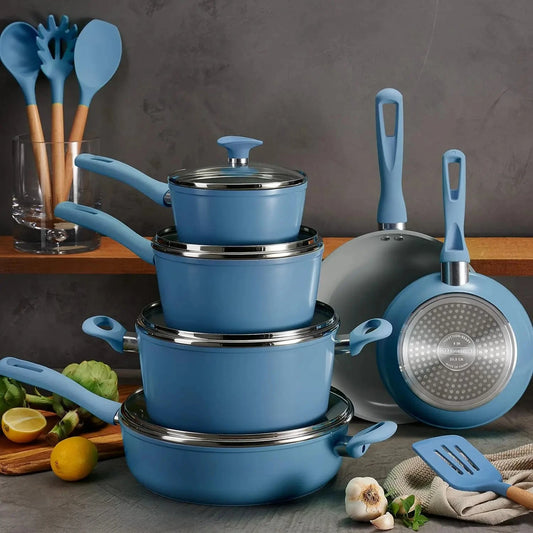 14-Piece Ceramic Nonstick Cookware Set, Oven & Dishwasher Safe, Blue Ohberri