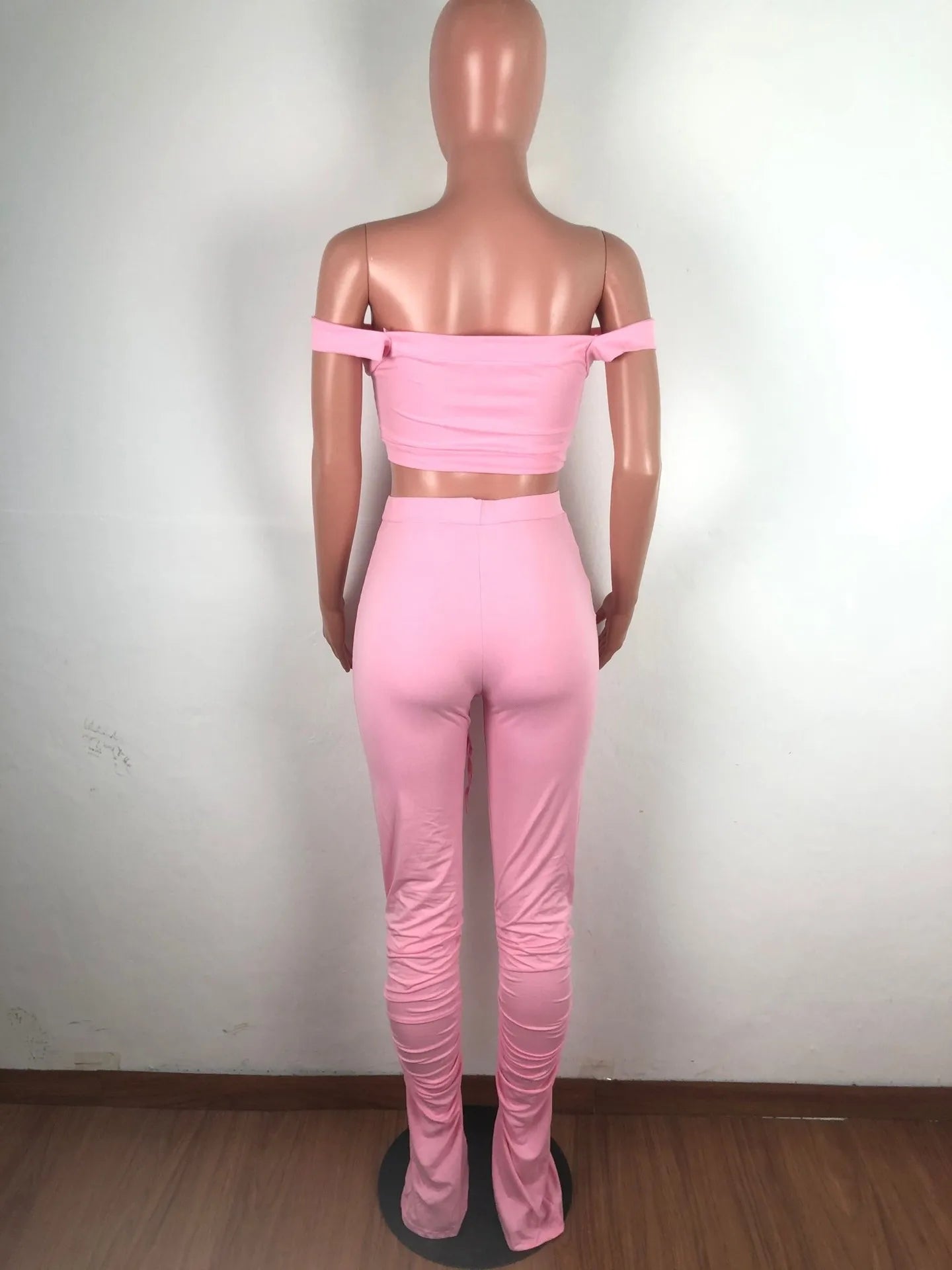 2 Piece Set Skinny Elastic Strapless Tops and Fold Slit Thin Pants Ohberri