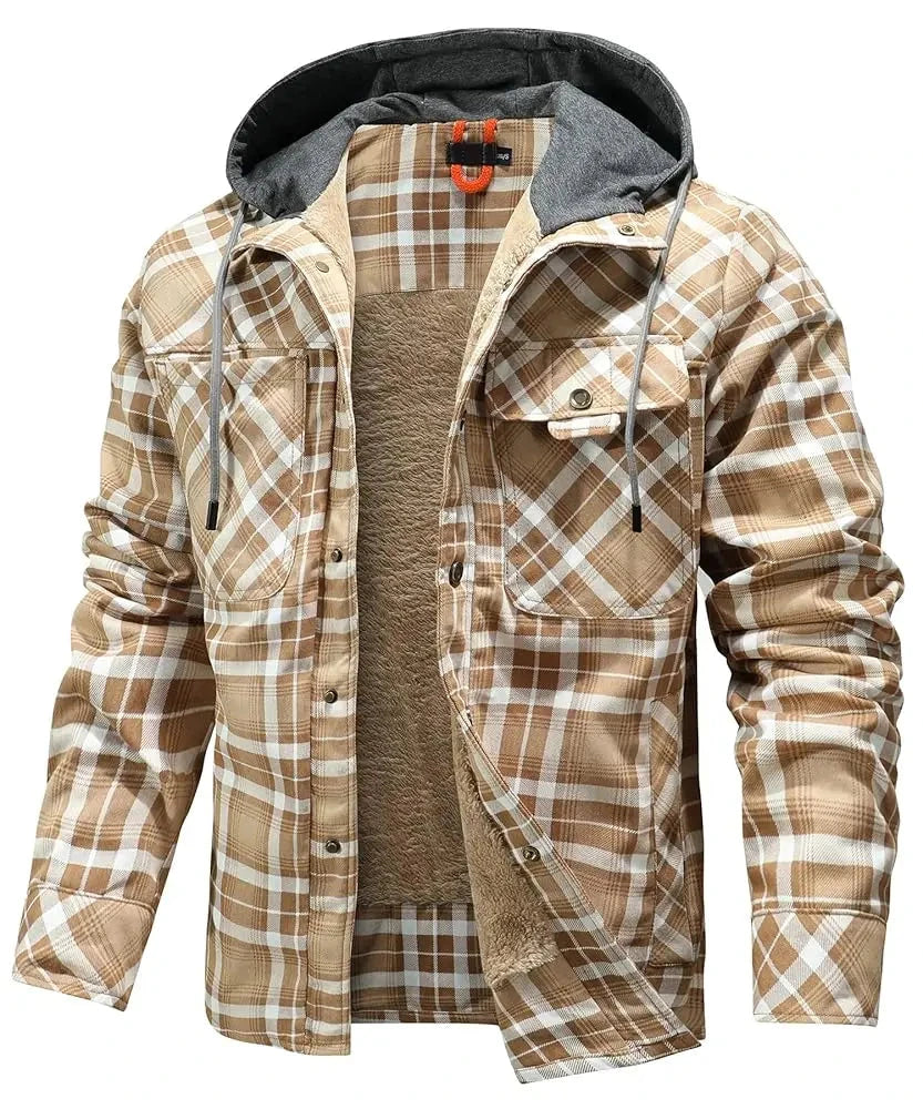 Men's Jackets Winter Hooded Warm Coat Casual Thicken Plaid Ohberri