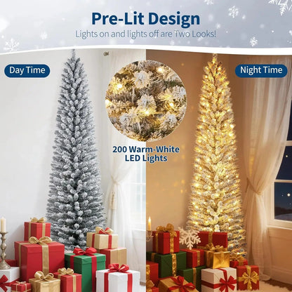 6FT/7.5FT/9FT Pre-lit Pencil Christmas Tree Artificial Xmas Tree With Light Ohberri