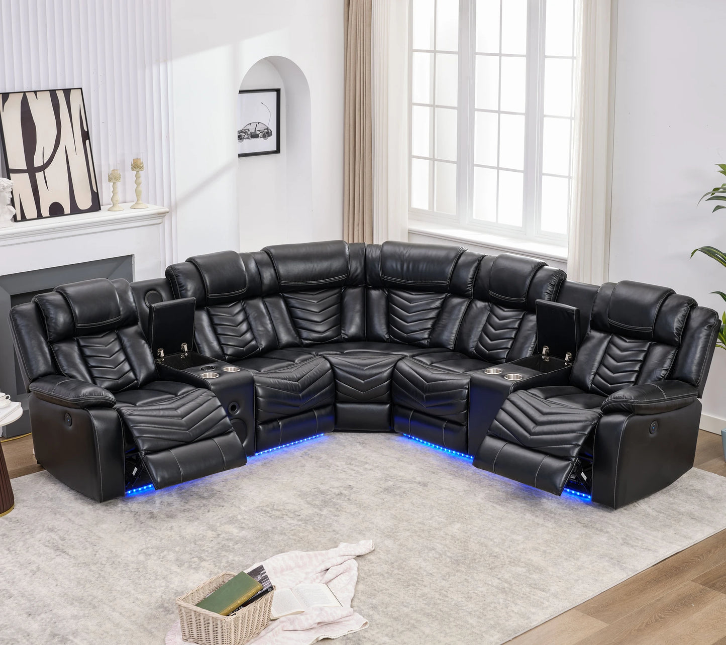 Electric Power Recliner Sectional Sofa With Bass Speakers & LED Lights – Faux Leather L-Shaped Sectional - Ohberri