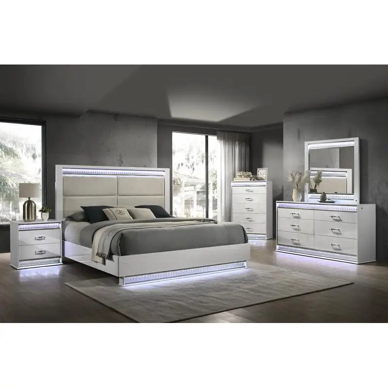 Glam Modern 5-Piece King Bedroom Set with LED Headboard, Wood in White - Ohberri