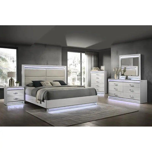 Glam Modern 5-Piece King Bedroom Set with LED Headboard, Wood in White - Ohberri
