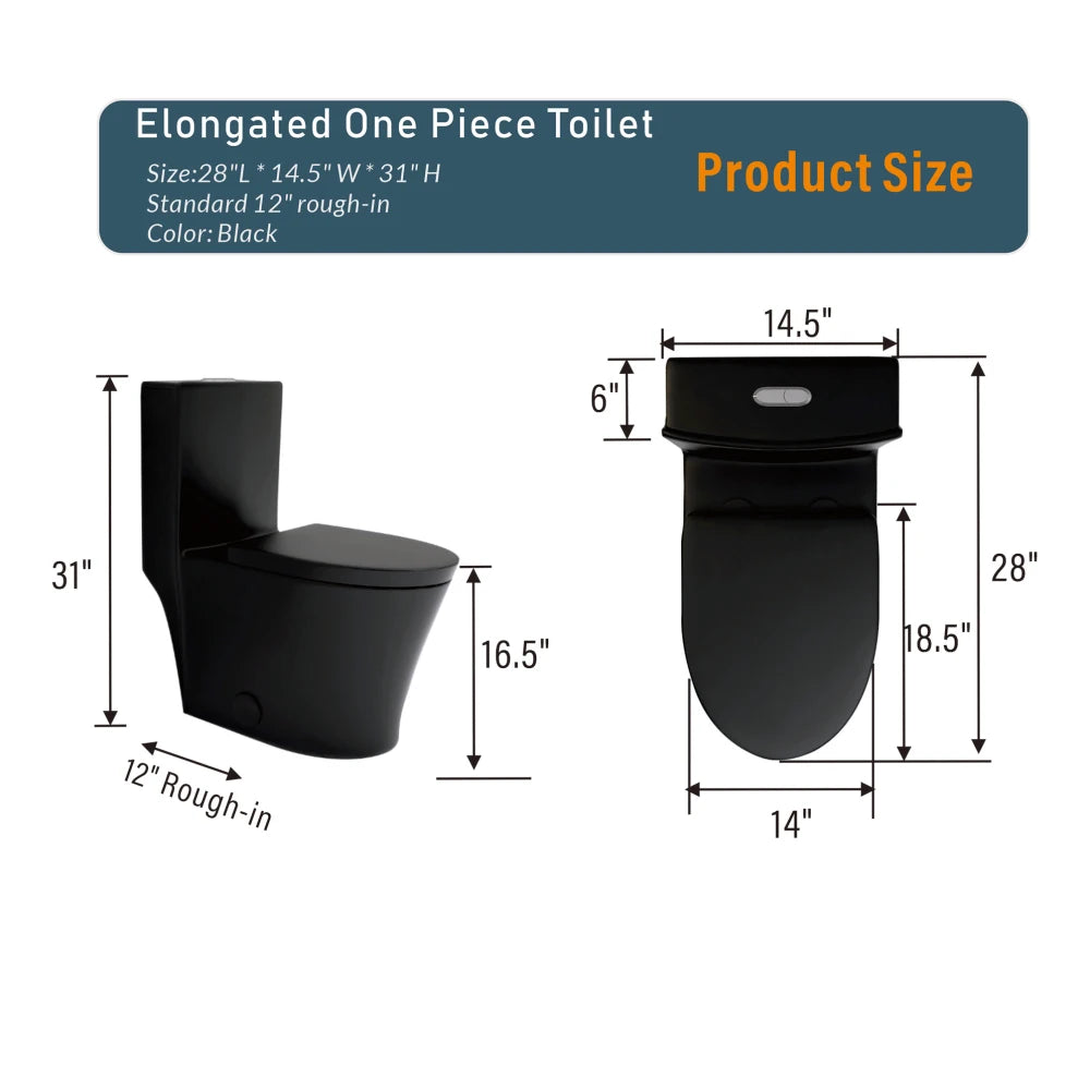 Matte Black Elongated One Piece Toilet Dual Flush 1.1/1.6 GPF Water Saving Map 1000g,Matte Black Ohberri
