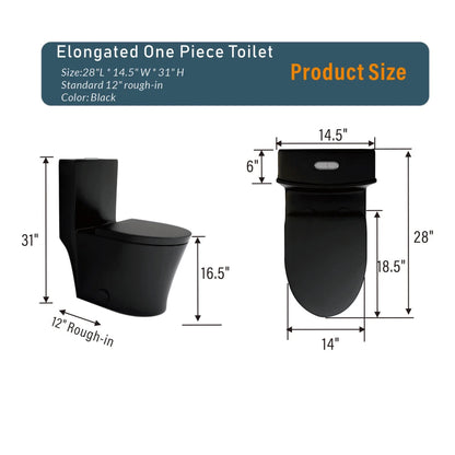 Matte Black Elongated One Piece Toilet Dual Flush 1.1/1.6 GPF Water Saving Map 1000g,Matte Black Ohberri