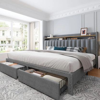 King Size Bed Frame with Storage and Headboard Upholstered King Bed Frame - Ohberri