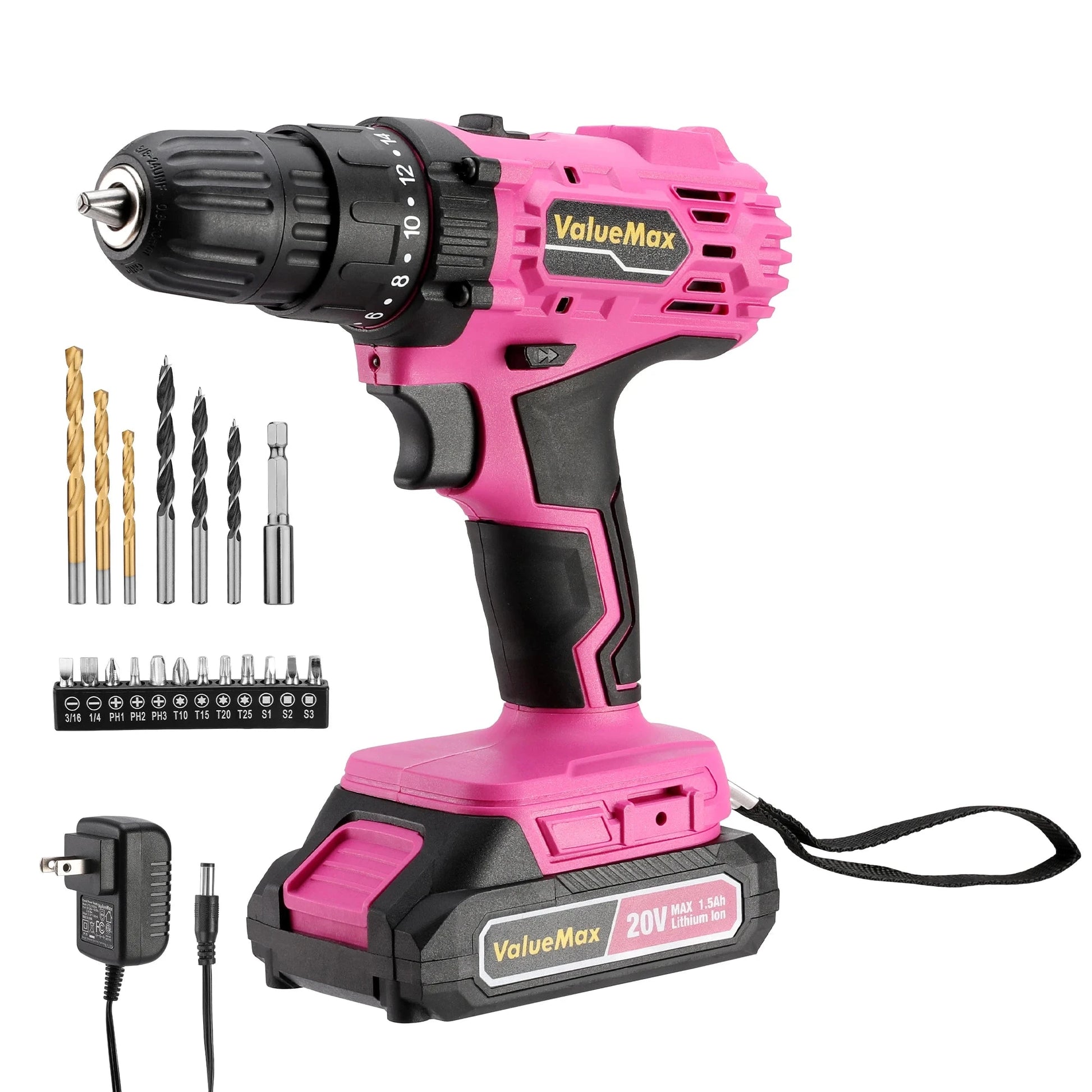 20V 3/8" Pink Cordless Drill Set  18+1 Torque Settings, Power Drill Set with LED Light and Magnetic Holder Ohberri