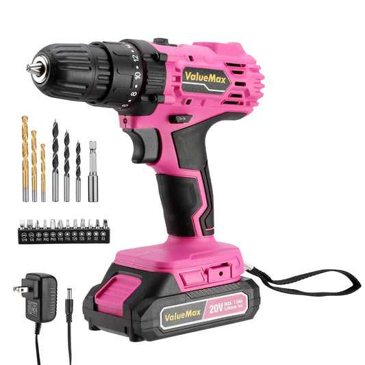 20V 3/8" Pink Cordless Drill Set  18+1 Torque Settings, Power Drill Set with LED Light and Magnetic Holder Ohberri