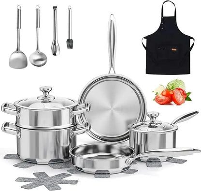 Stainless Steel Cookware Set, 16-Piece Pots and Pans Set Non Toxic Ohberri