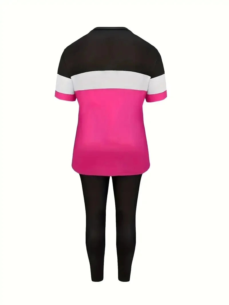 Plus Size Striped Letter Print Short-Sleeved Trousers Two-Piece Suit Ohberri