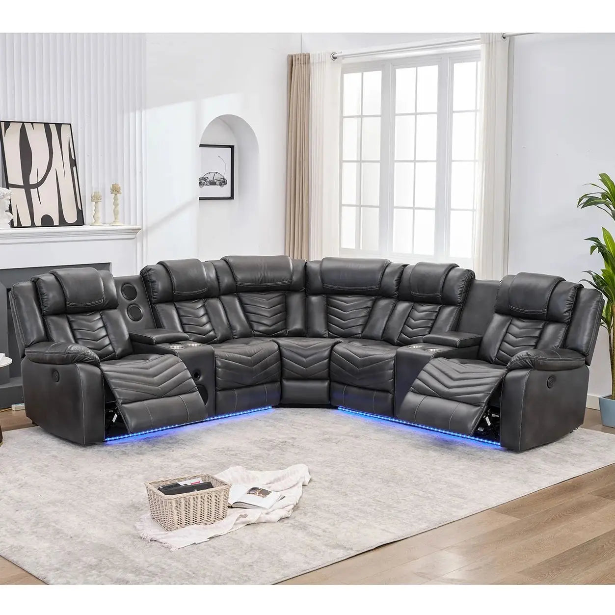 Electric Power Recliner Sectional Sofa With Bass Speakers & LED Lights – Faux Leather L-Shaped Sectional - Ohberri