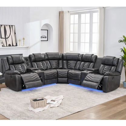 Electric Power Recliner Sectional Sofa With Bass Speakers & LED Lights – Faux Leather L-Shaped Sectional - Ohberri