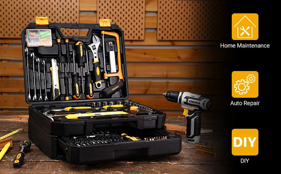 DEKO Mechanic Toolbox with 12V Power Cordless Drill Hand Repair Tools Sets Ohberri