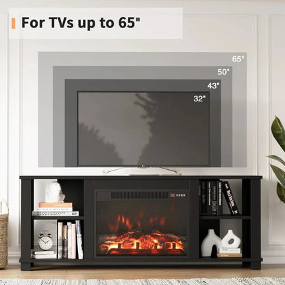 fireplace tv stand for television up to 65 inch, modern with storage shelves -black Ohberri