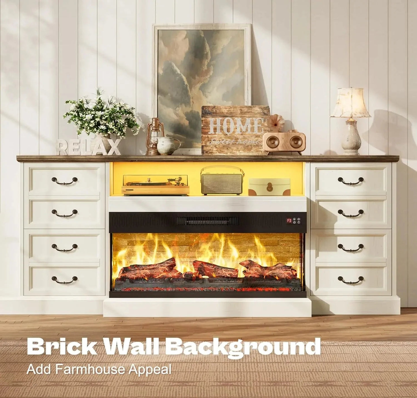 Fireplace TV Stand with LED Lights for 75 Inch TV -Farmhouse Ohberri