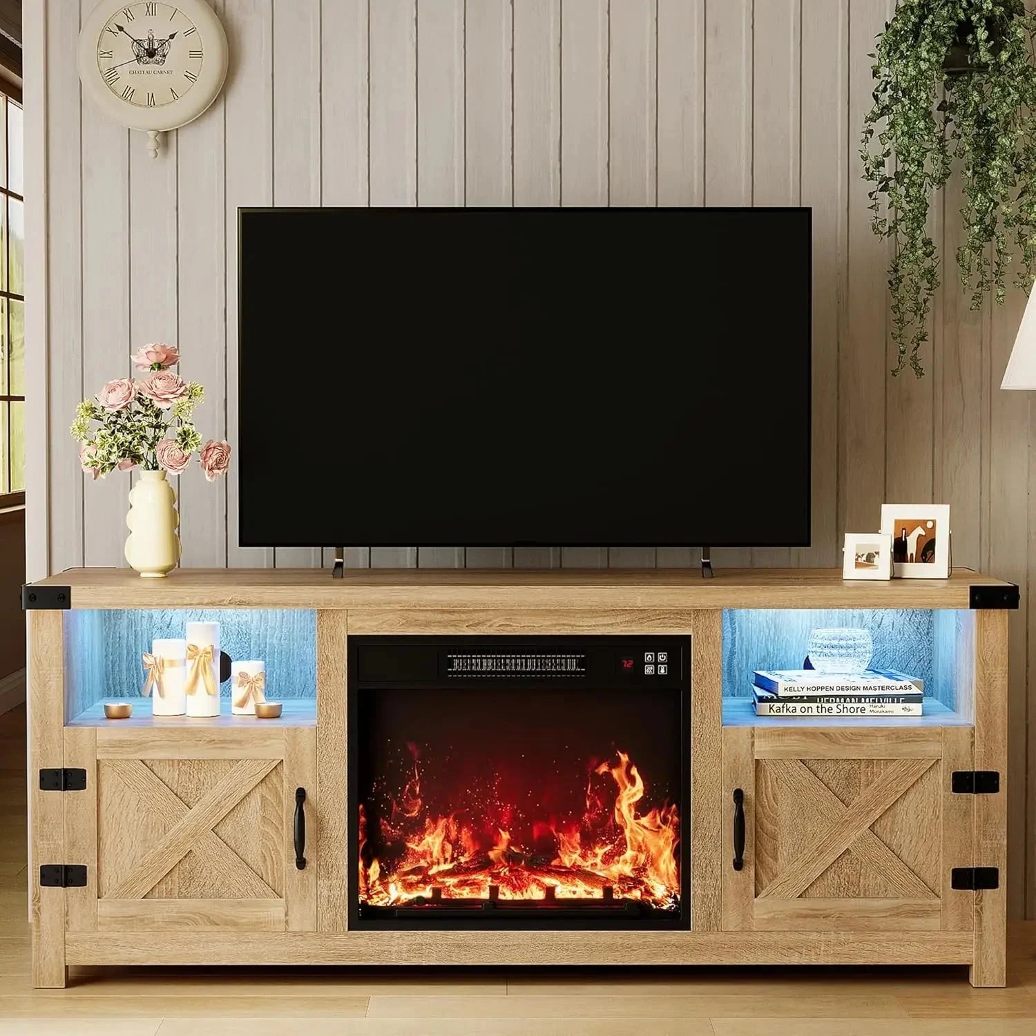 65 Inch LED Fireplace TV Stand with Mood Lighting, Cabinet with Open Shelf & Hidden Cable Routing Ohberri