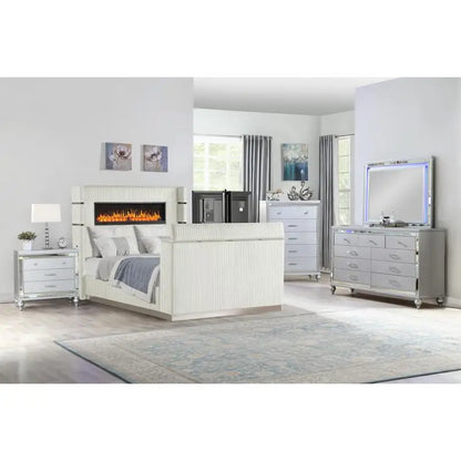 5 Pc Queen Bedroom Set with Fireplace Headboard & Footboard, Beige Wood Finish - Ohberri